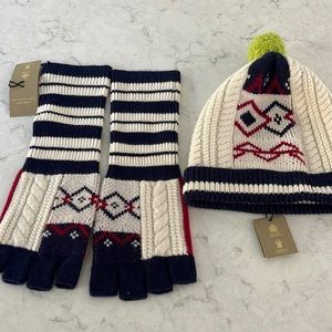 Burberry Cable Fairisle Wool/Cashmere Hat  & Fingerless Glove set NWT